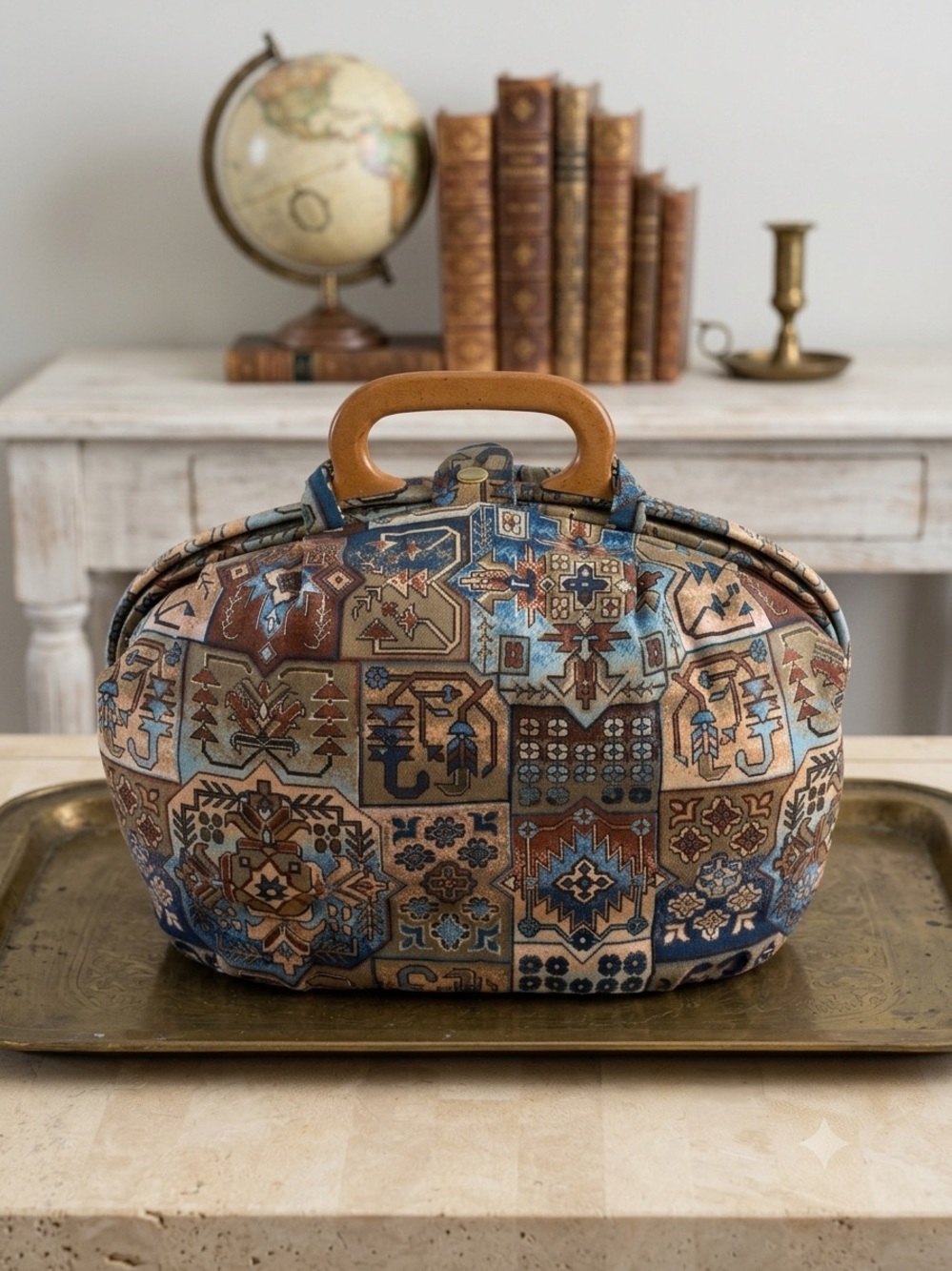 Vintage Puffy Fabric Handbag, Wooden Handles, Pristine Cork-Bottomed Satchel